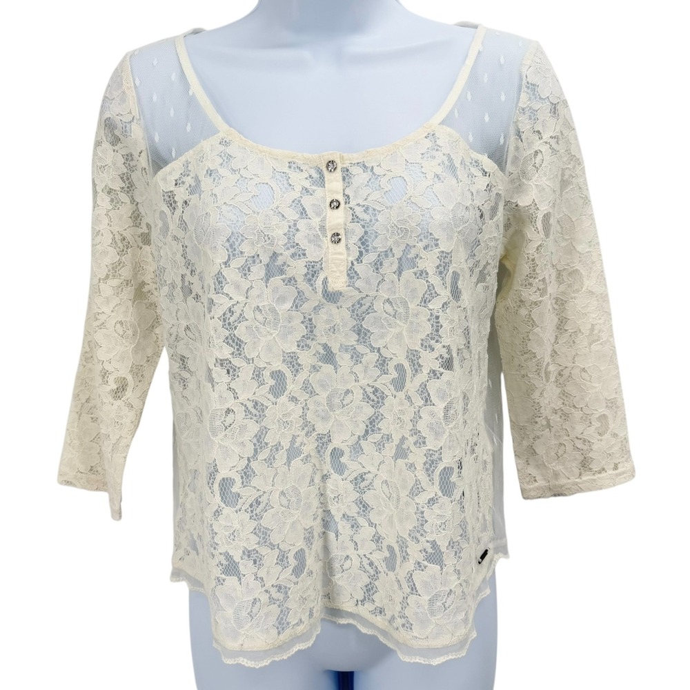 Abercrombie & Fitch Lace Y2K Style Top Size M Sheer Soft Girl Coquette Cream
